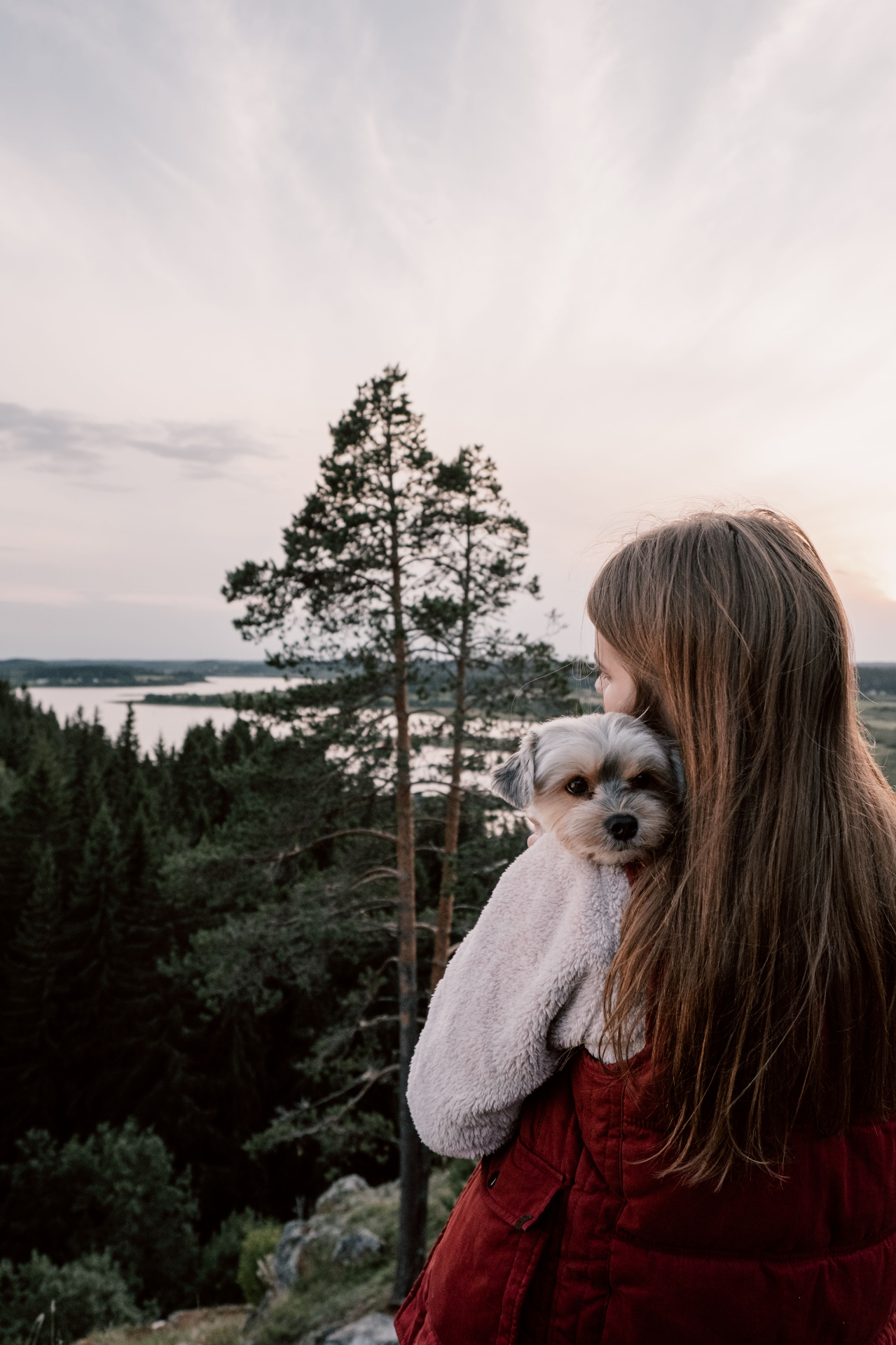 Tjej som håller en liten hund i naturen